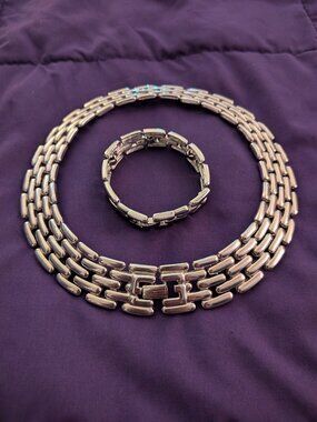 Vintage 1981 Givenchy Panther Link Necklace & Bracelet Set Rhodium Plated